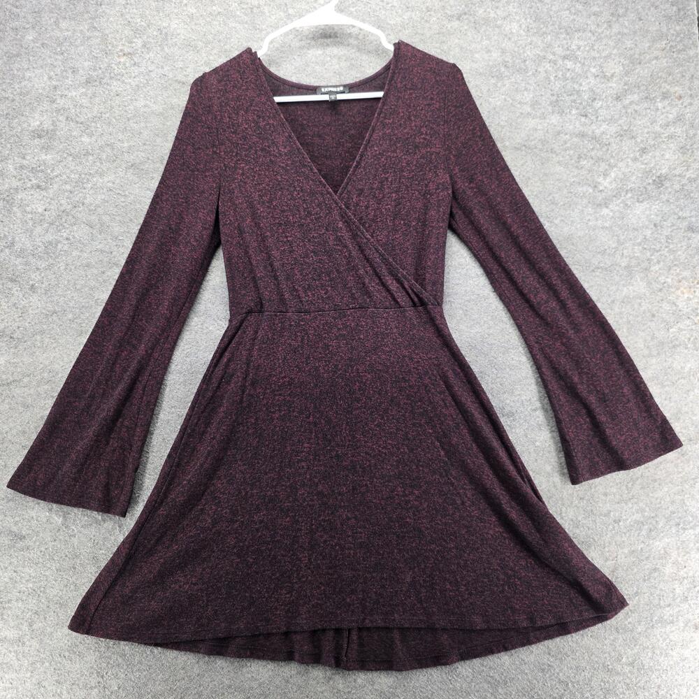 Express Dress Womens S Red Short Fit & Flare Wrap Long Sleeve V-Neck Knit